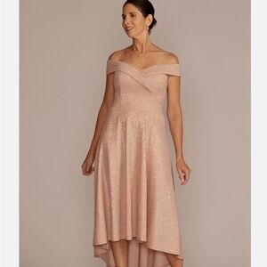 Oleg Cassini Shimmering Rose Gold Off-Shoulder Dress